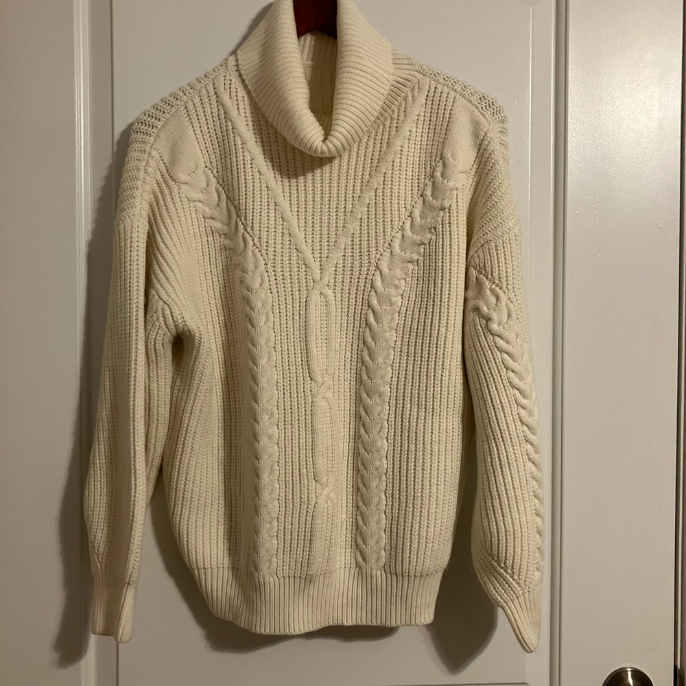 Mirol Cream Cable Knit Turtleneck Sweater Womens Large Off White Chunky Ribbed